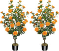 2 Pack 43.3"/3.6FT Artificial Tree with Camellia Flowers Fake Tree with 32 Blooming Flowers Orange Tree for Spring Home Front Door Outdoor Indoor Decor (Including Dried Moss)