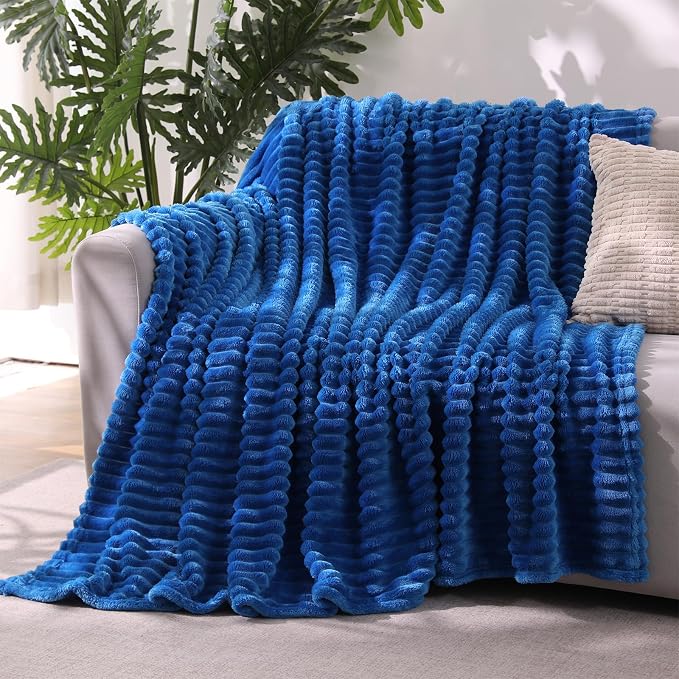 Classic Blue Throw Blanket for Couch Sofa 50"x60" Striped Design | Fleece by Unknown