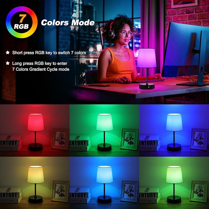 Ascher Small Bedside Table lamp Set of 2, RGB Color Changing Lamps, 3 Color Temperatures Nightstand Lamps with USB C and A Ports, Touch Dimmable Desk Lamp for Bedroom Living Room(White Shade)
