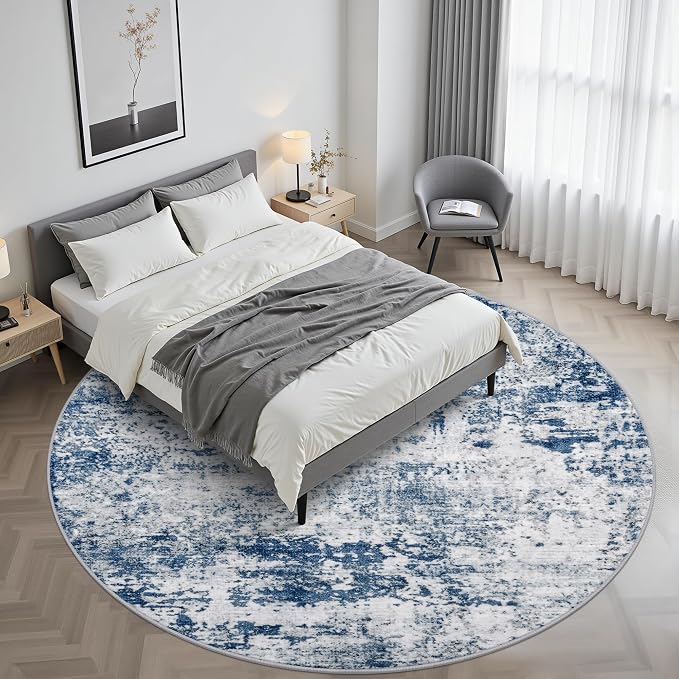 Round Area Rug Living Room: 8 ft Modern Washable Carpet Blue | - Image 2