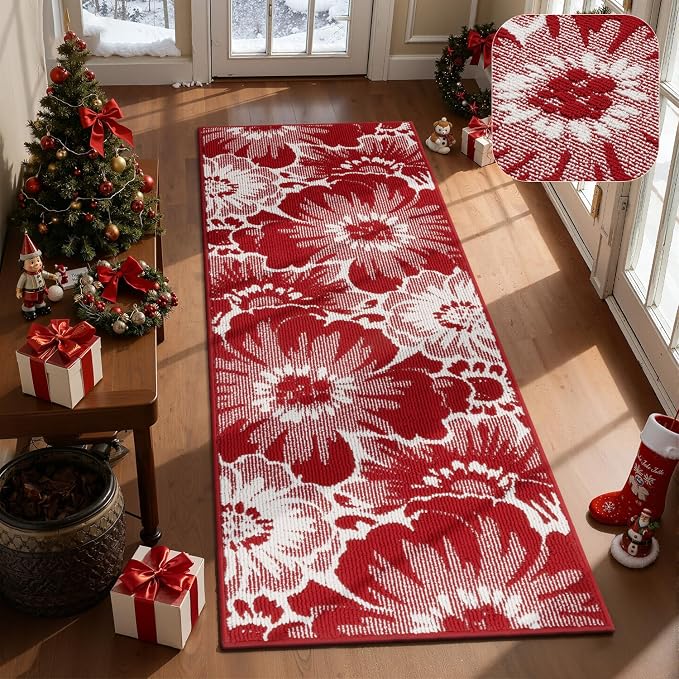 Findosom Christmas Runner Rug 2x6, Non Slip High-Low Textured Floral Washable by Findosom