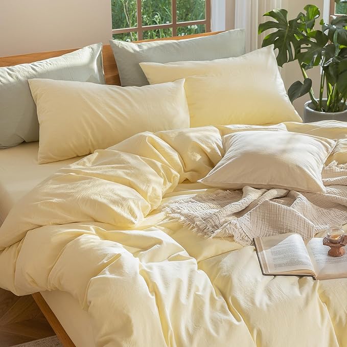 MooMee Bedding Duvet Cover Set 100% Washed Cotton Linen Like Textured Breathable Durable Soft Comfy (Heathered Butter Yellow, Twin 68"x90")