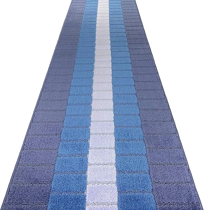 Custom Size Coastal Nautical Style Runner Rug Carpet for Hallway Entryway, Slip Resistant Latex Rubber Backed, 31 inch Wide X Customized Length, Squares Blue, 31 inch X 19 feet