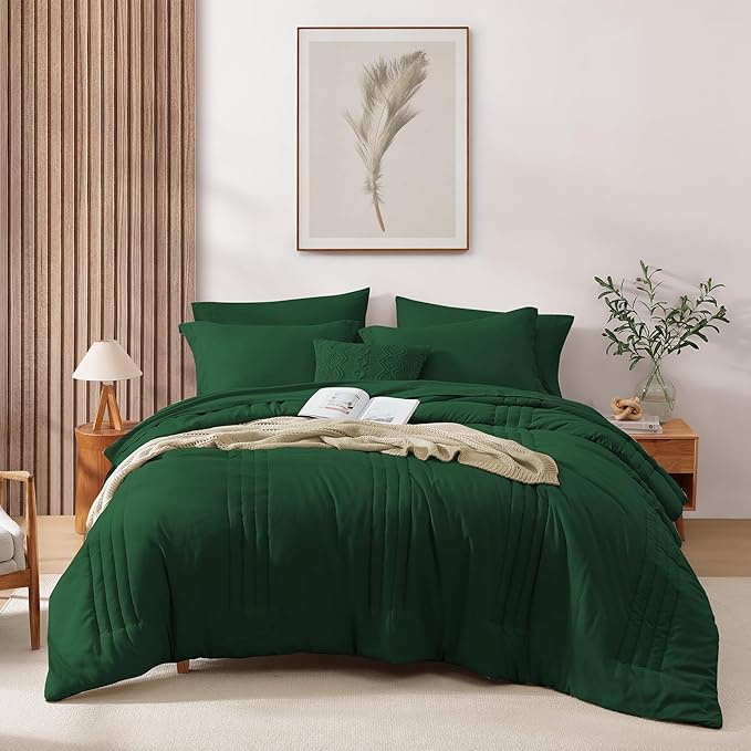 Monbix Full Comforter Set - 7 Pieces Emerald Green Bed in a Bag Full Size Bedding Sets with Comforters, All Seasons Down Alternative Comforter with Sheets, Pillowcases & Shams