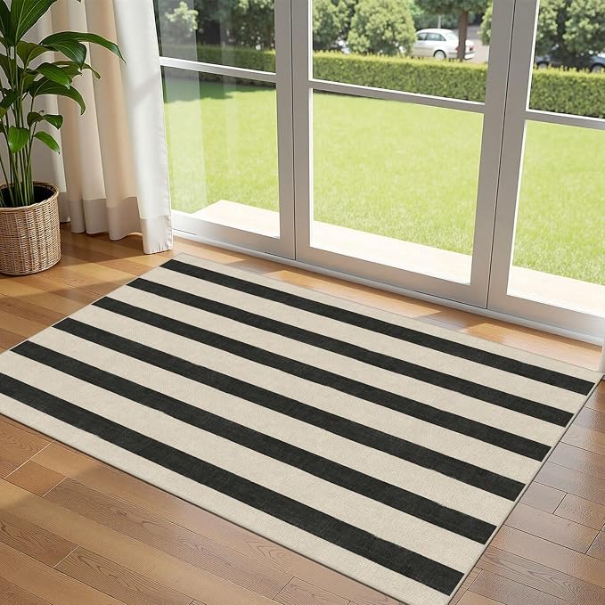 Black and White Striped Entry Rug, 3x5 Non-Slip Indoor Outdoor Rugs | Washable by Othilic