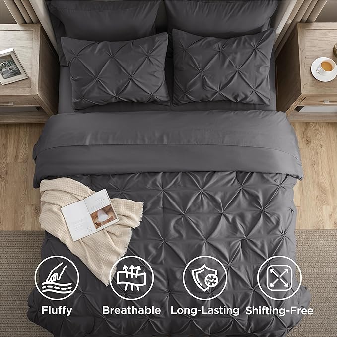 Bedsure Full Comforter Set Dark Grey - Bed in a Bag Full Size Bedding Set 7 Pieces, GentleSoft™ Pintuck Bed Set Gift for Family, Pinch Pleat All Season Comforter with Sheets, Pillowcases & Shams