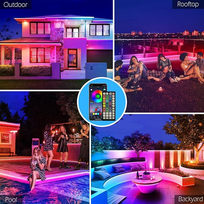 200Ft Outdoor LED Strip Lights Waterproof,Music Sync RGB IP68 Outside Led Light Strips Waterproofs with App and Remote,Exterior Led Rope Lights Waterproof for Deck,Balcony,Roof,Garden,Pool