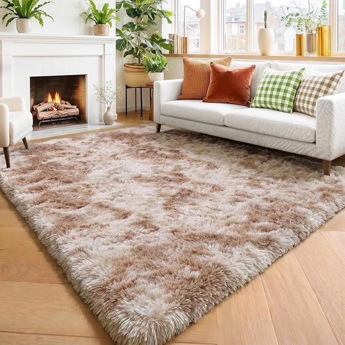 Amdrebio Beige Tan Furry Plush Area Rug 5x7 by Amdrebio