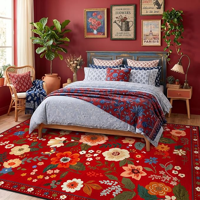 Floral Washable 8x10 Area Rugs Red/Orange | Flower Carpet Print Boho Cute Non - Image 2