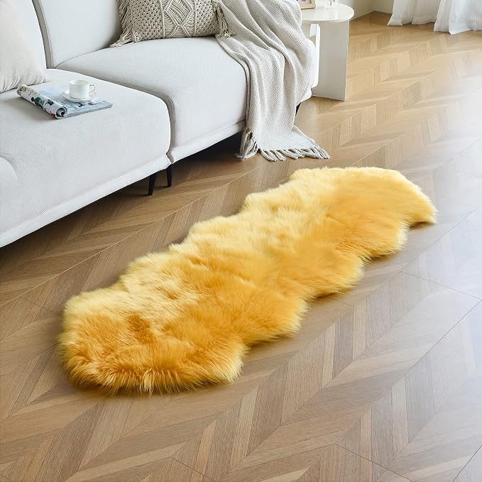 duduta Yellow Faux Sheepskin Runner Rugs 2x6 ft, Fluffy Fur Couch Covers | Shag - Image 2