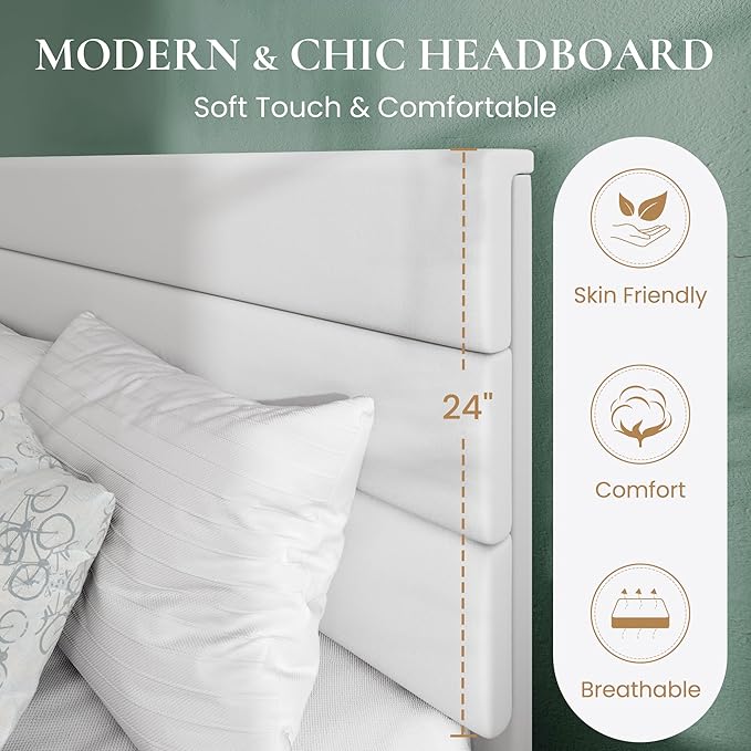 SHA CERLIN Queen Platform Bed Frame with Velvet Upholstered Headboard, Mattress Foundation with Strong Wooden Slats Support, No Box Spring Needed, White