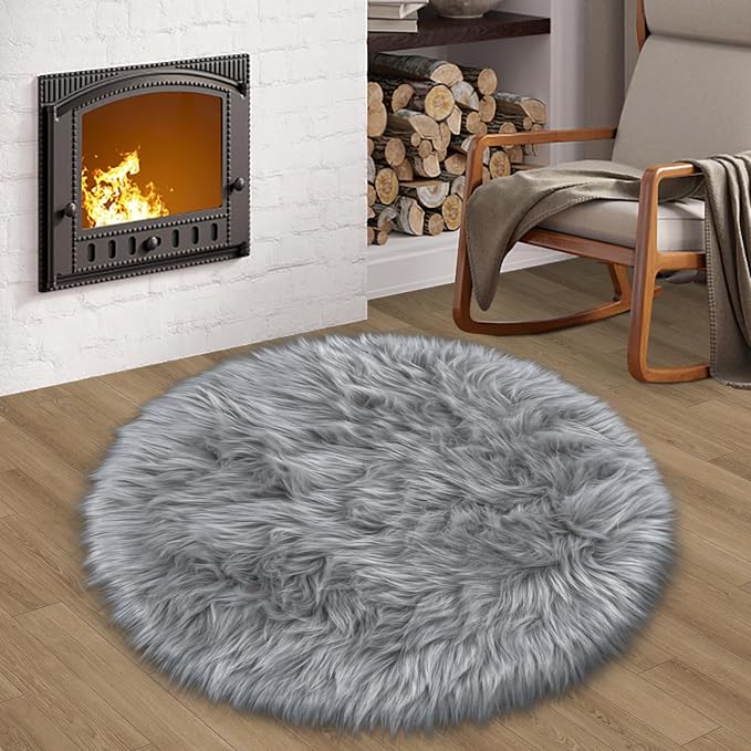 Faux Fur Grey Round Rugs 3ft for Bedroom, Small Fluffy Fuzzy Circle Rug Furry by TENNOLA