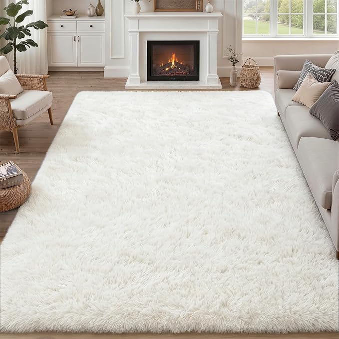 9x12 Area Rug Living Room Bedroom: Fluffy Plush Shag Carpet Ivory | by Luxturiy