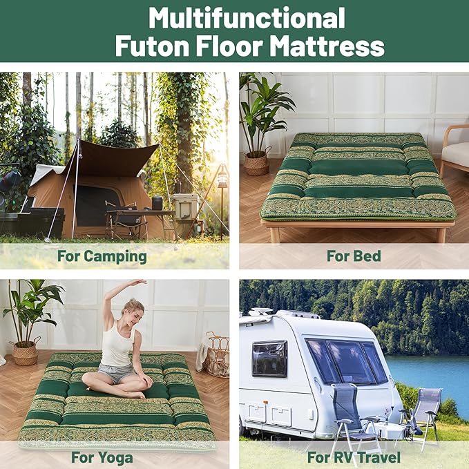 Japanese Floor Mattress, Futon Mattress with Portable Storage Bag and Washable Cover, Roll Up Thick Tatami Mat Suitable for Camping, Guest Room (Boho Green, Full)