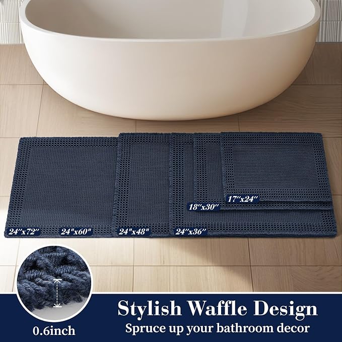 RESARE Waffle Bathroom Runner Rugs, Non Slip Boho Bath Mat 24"x60" Navy | Long - Image 5