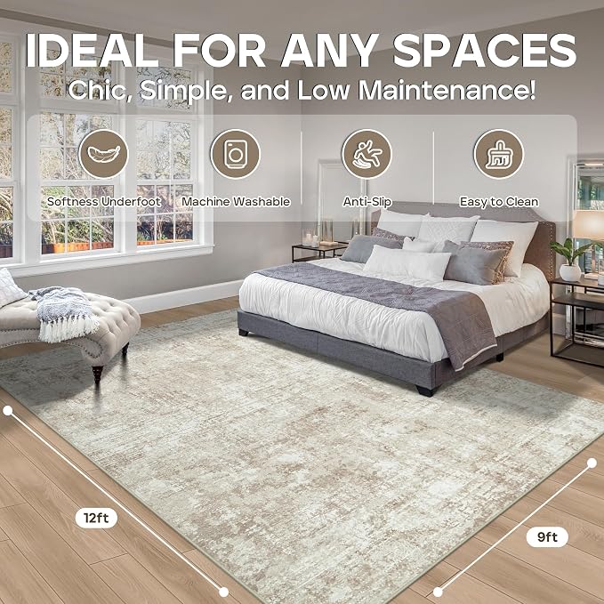 Aelenmu 9x12 Area Rugs for Living Room Bedroom Dining Room Washable Beige | - Image 2