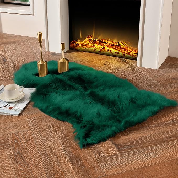 Emerald Green Faux Sheepskin Throw Rug 2x3 ft, Fluffy Fur Seat Chair Covers | - Image 6