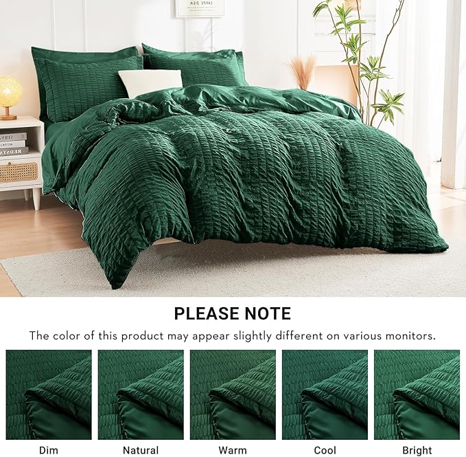 HYMOKEGE Emerald Green Queen Comforter Set Seersucker 7 Pieces, All Season Luxury Bed in a Bag Queen for Bedroom, Bedding Set with Comforter, Sheets, Pillowcases & Shams