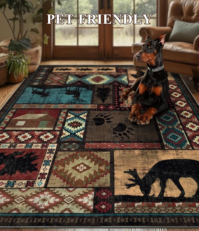 Rustic Cabin Rugs for Living Room 9x12, Wildlife Bear & Deer Area Rug, Washable - Image 7