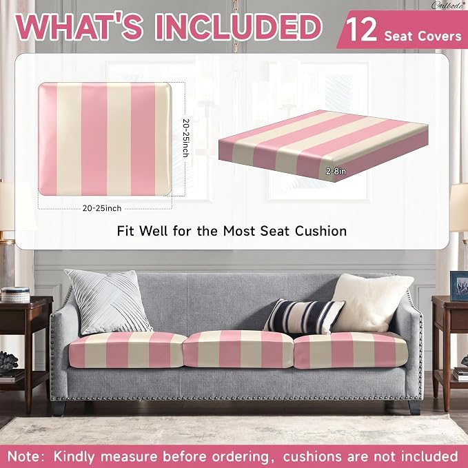 CALBODE 12 Pcs Stretch Outdoor Seat Cushion Covers, Washable Striped Chair Seat - Image 2