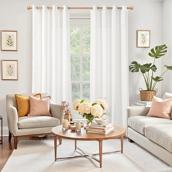 YoungsTex White Linen Light Filtering Curtains 84 Inches Long 2 Panels - Image 2