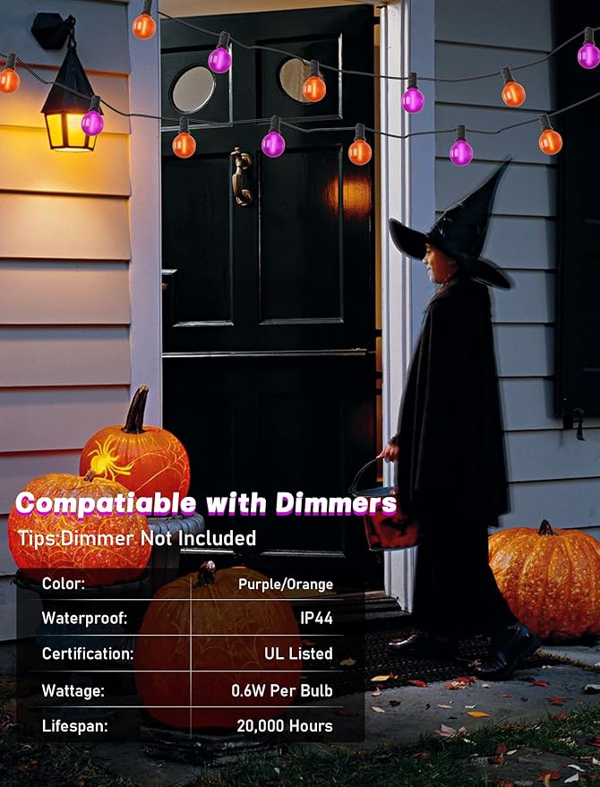 SUNSGNE 25ft Halloween String Lights Outdoor - G40 LED Orange and Purple String Lights with 27 Frosted Globe Bulbs(2 Spare), Vintage Halloween Decorations for Patio Balcony Porch Yard