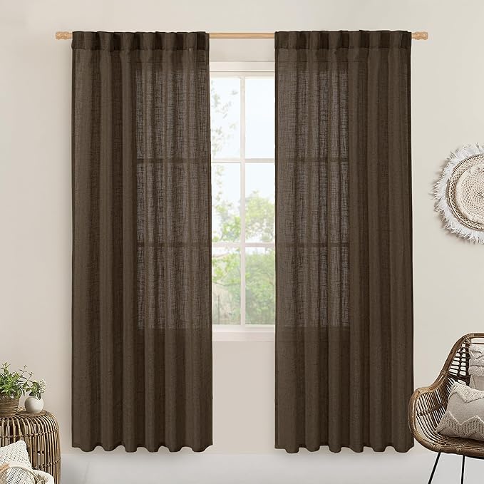 Dark Brown 78 inch Sheer Linen Curtains by LAMIT