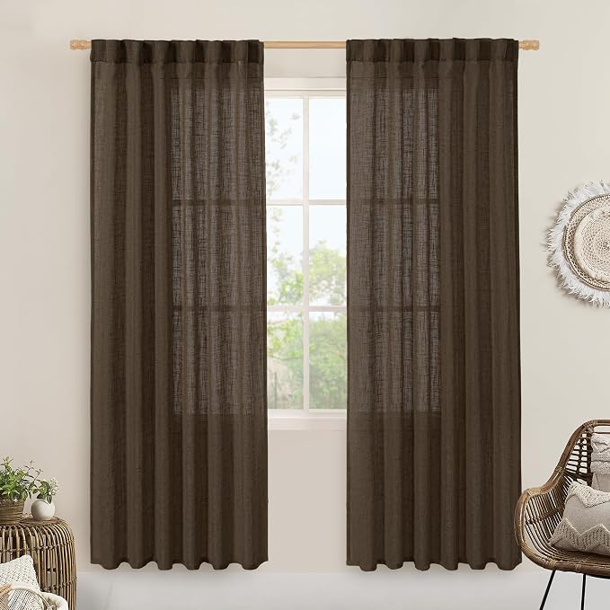 Dark Brown Sheer Linen Curtains, Light Filtering Drapes 2 Panels | 80 inch Semi by LAMIT