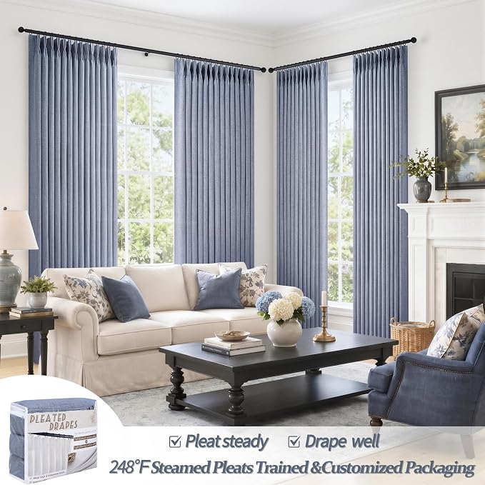 Pinch Pleated Linen Greyish Blue Sheer Curtains 84 Inches Long - Image 4