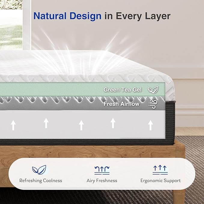 10 Inch King Green Tea Memory Foam Mattress for Cool Sleep & Pressure Relief, Bed in a Box, Removable Cover No Fiberglass, CertiPUR-US Certified