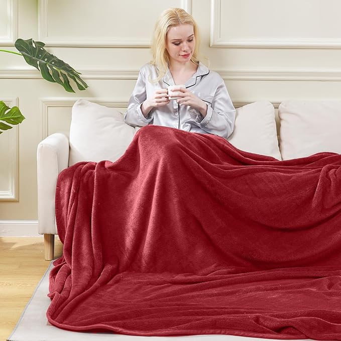 Flannel Fleece Travel Size Summer Blanket All Season 350GSM Lightweight Throw for The Bed Extra Soft Brush Fabric Winter Warm Sofa Blanket 50"x 61"(Burgundy Red Travel)