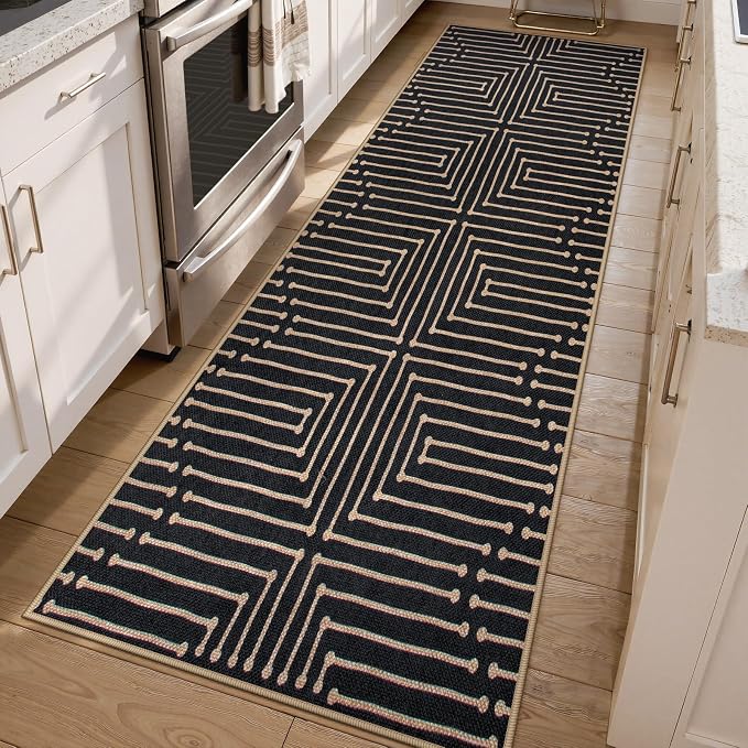 Lahome Maze Lines Washable Kitchen Runner Rug, 2x8 Black Outdoor Runner Rug | by Lahome