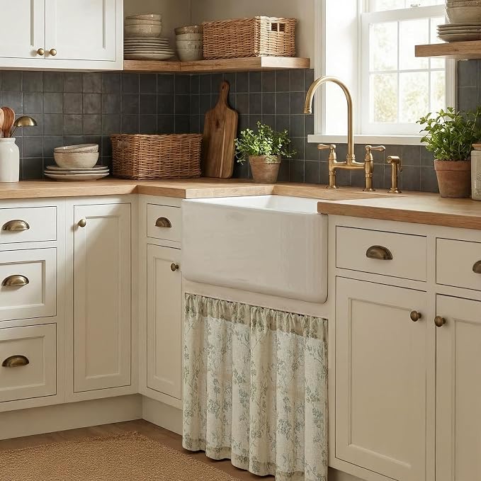 Green on Beige Linen Kitchen Curtains Rod Pocket 26W X 24L 2 Panels | Elisa - Image 2