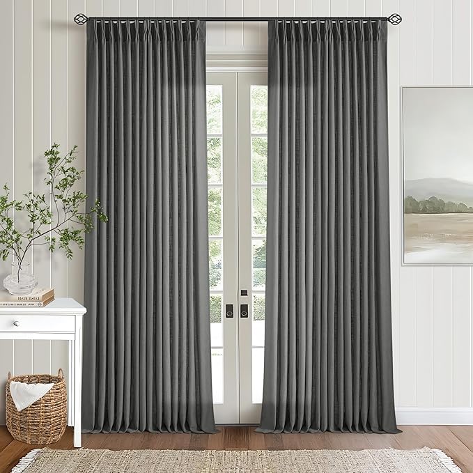 Charcoal Gray Linen Pinch Pleat Semi Sheer 108 Inch Curtains 2 Panels Set | by Twodrapes