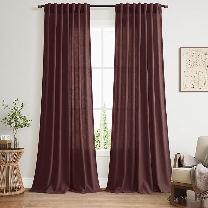 Reddish Brown Linen Blend Light Filtering Back Tab Curtains 96 Inches Long by Nanspring