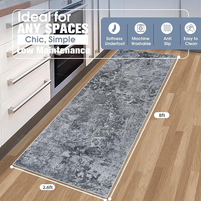 Aelenmu Runner Rugs for Hallways Kitchen 2.6x8 Non Slip Washable Black | Modern - Image 2