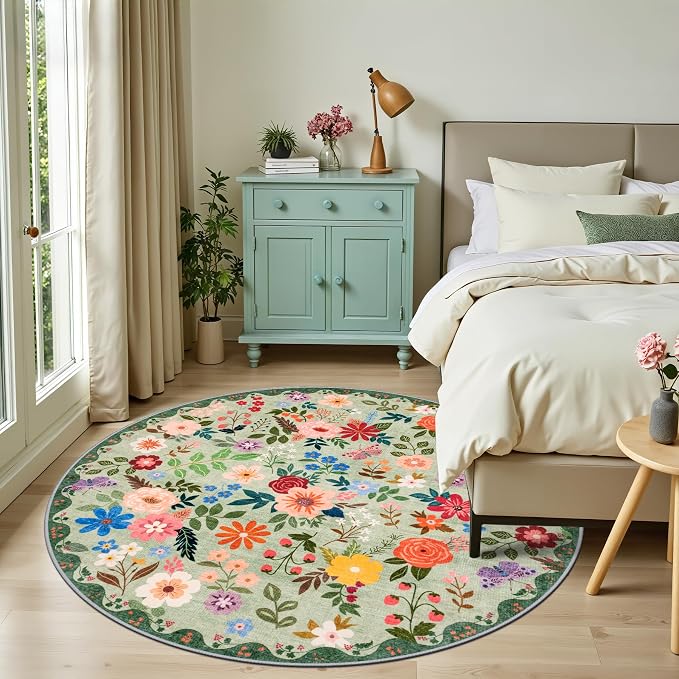 PLHXFR Round Area Rug Living Room: 6 ft Floral Washable Soft Carpet Green | - Image 3