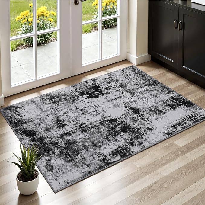 Rugflix 2x3 Entrance Rugs, Washable Black Grey Dark Entry Small Rug | Machine by RugflixAreaRugs
