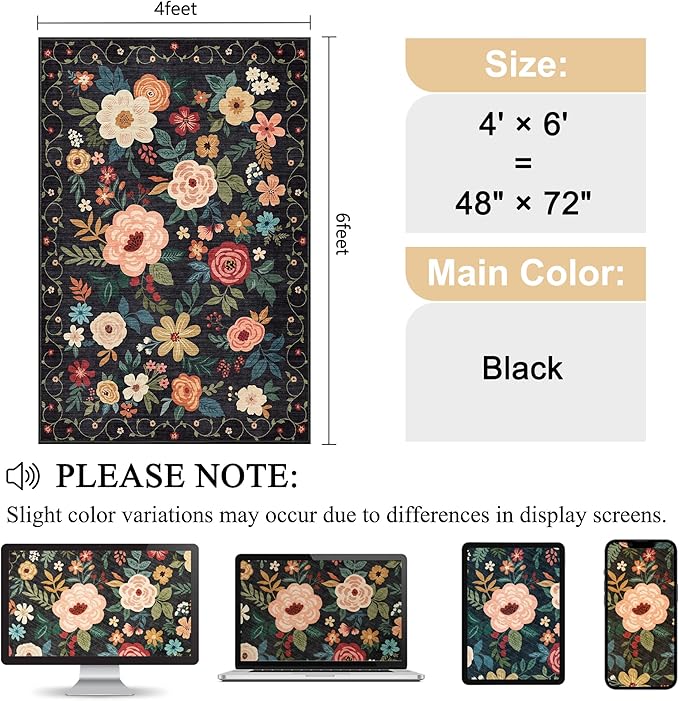DUKINO 4x6 Area Rug, Floral Washable Office Rug Non Slip Chair Mat, Stain - Image 2