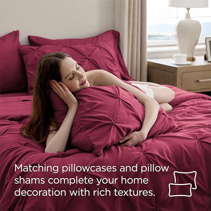 Bedsure King Size Comforter Set Dark Red - Bed in a Bag Bedding Set 7 Pieces, GentleSoft™ Pintuck Bed Set Gift for Family, Pinch Pleat Dark Red Comforter with Sheets, Pillowcases & Shams