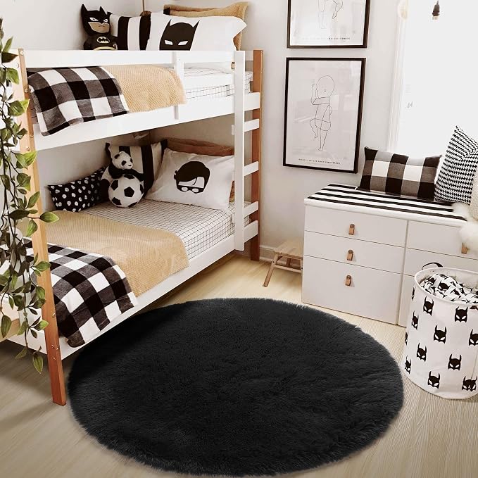 Amdrebio Black Fluffy Round Circle Rug 4Ft - Image 7