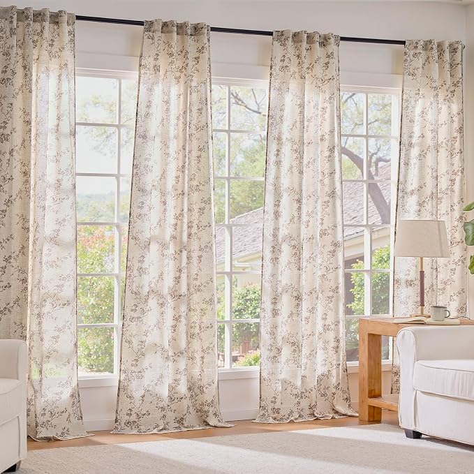 Extra Long Taupe Vintage Floral Linen Curtains Farmhouse 2 Panels | Elisa - Image 7