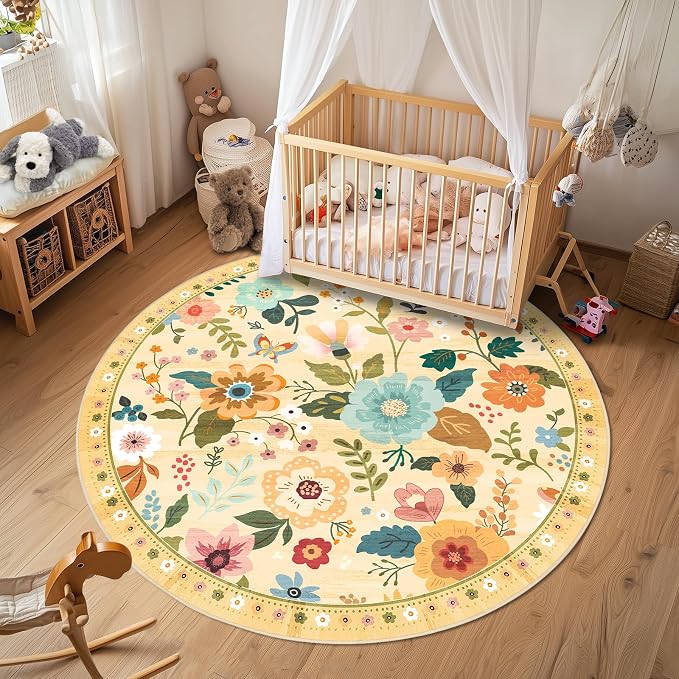 RELEANY Floral Washable Round 4ft Area Rug Ivory/Yellow | Flower Carpet Print - Image 8