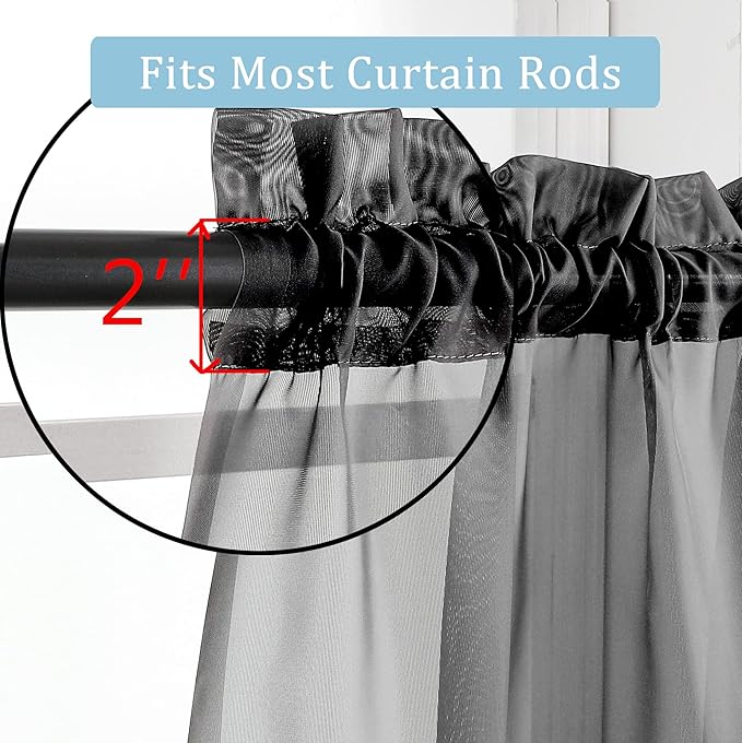 OWENIE Black Sheer Curtains, 45" Long Light Filtering Tiers for Kitchen, Basement, Bedroom - 2 Panels, Cafe Curtains for Small Windows, 42" W x 45" L