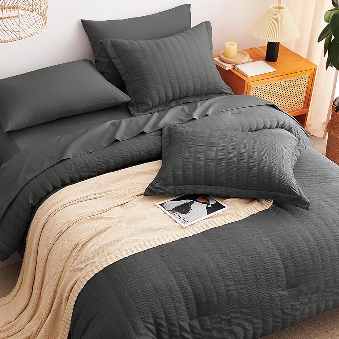 CozyLux King Size Comforter Set Dark Grey Seersucker 7 Pieces Bed in a Bag King Comforter Set with Sheets, Luxury Bedding Set with Down Alternative Comforter, Sheets, Pillowcases & Shams All Seasons