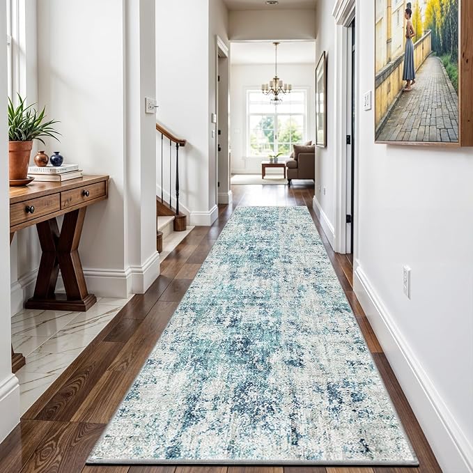 Machine Washable Runner Rugs 3x9 Modern Abstract Rug Ocean Mist | Stain & Spill by WIEVEDENS
