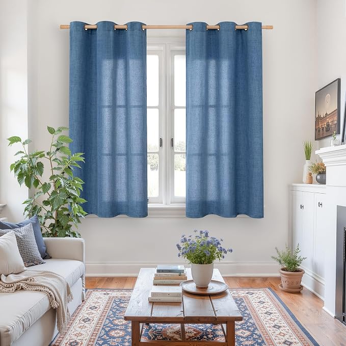 YoungsTex Navy Blue Linen Curtains 45 Inch Length, Short Light Filtering Semi - Image 2