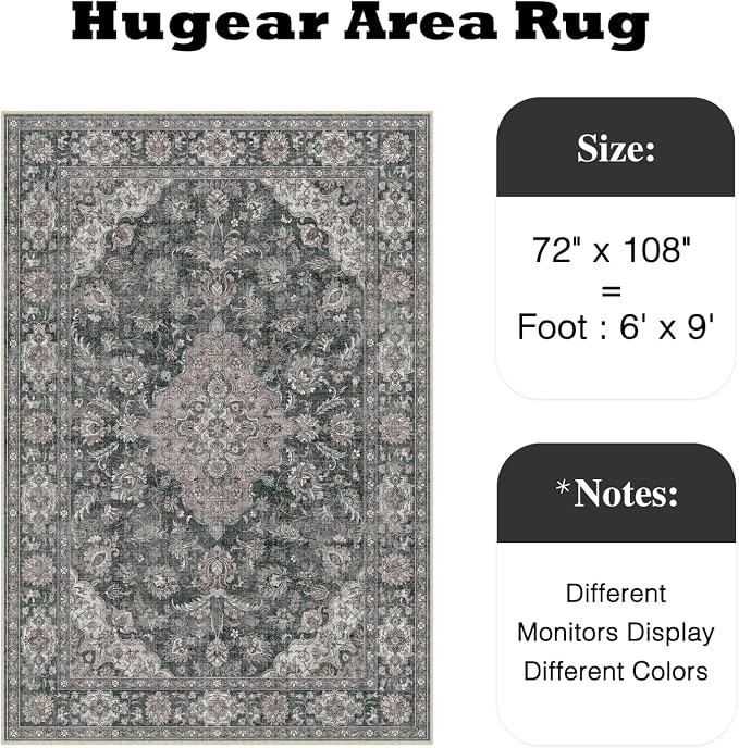 6x9 Black Grey Retro Floral Washable Area Rug - Image 2