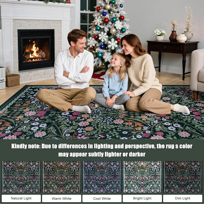 PLHXFR Area Rug Living Room: 5x7 Floral Washable Boho Carpet Dark Green | - Image 9