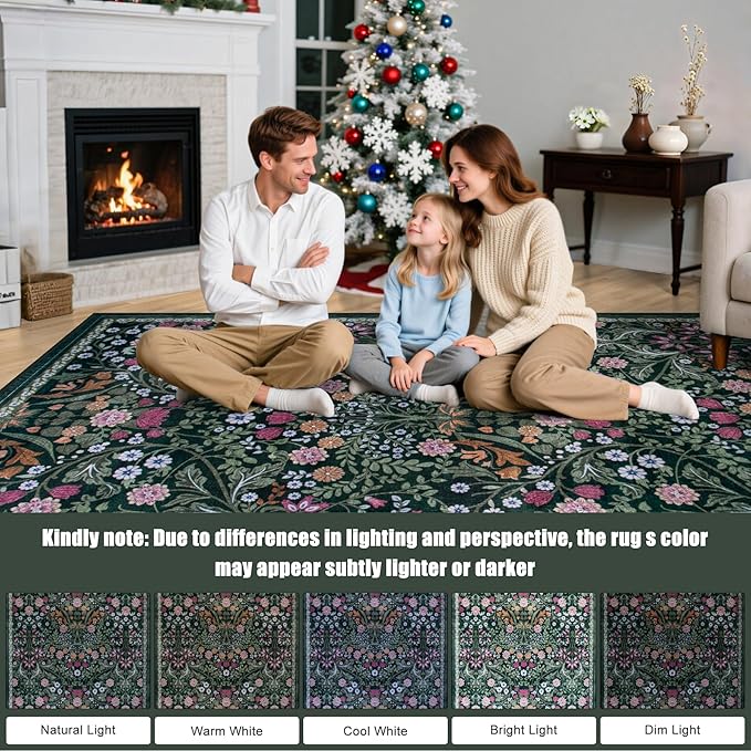 PLHXFR 2.6x10 Washable Runner Rug：Floral Indoor Kitchen Carpet Dark Green | - Image 9